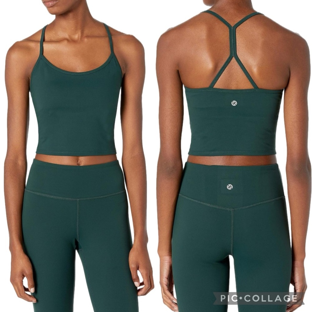Core 10 Spectrum Strappy Back Cropped Tank Top Built-In Support Yoga Bra Green